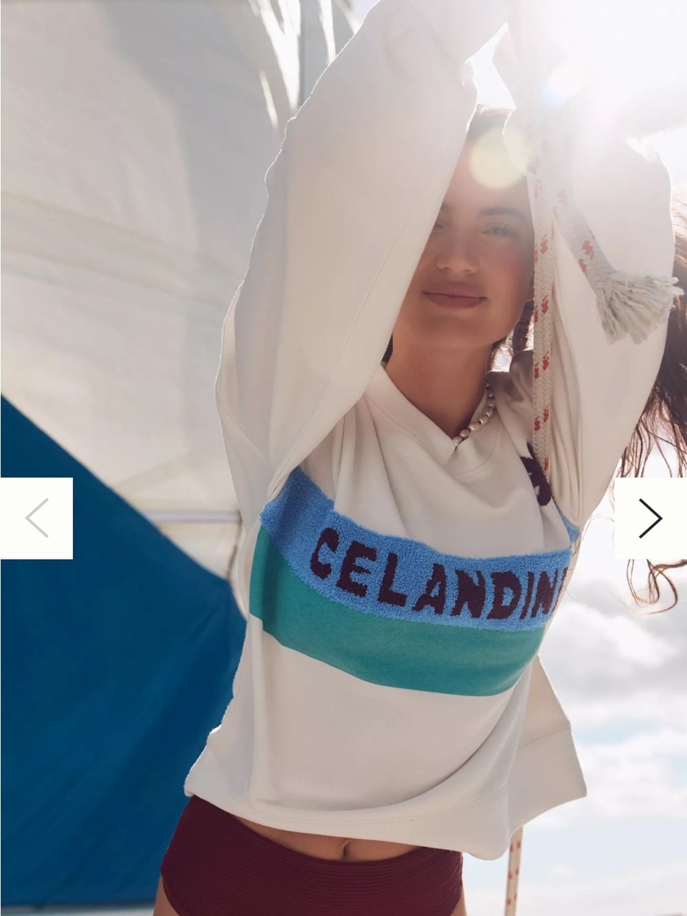 Anthropologie Celavine Surf Camp Tufted Sweatshirt - Ivory with Blue Panel XL